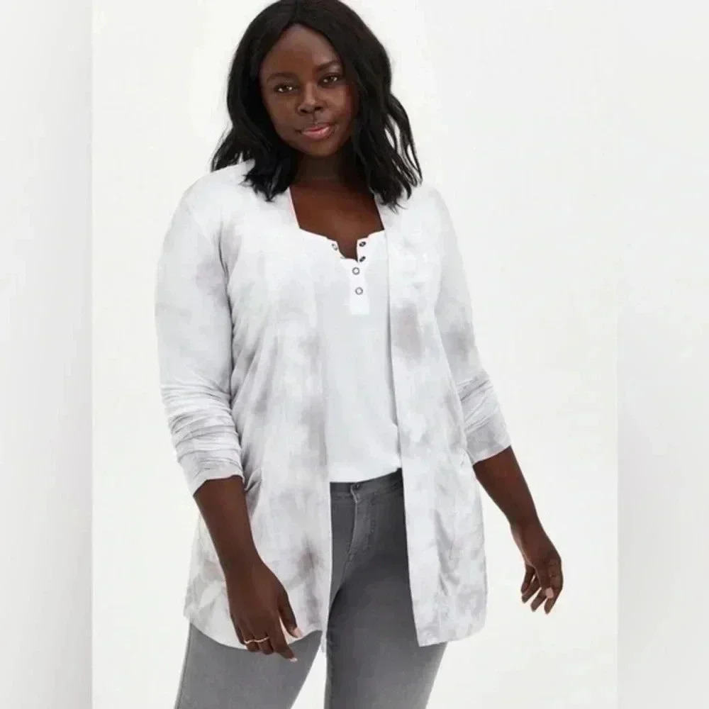 Torrid Grey Tie Dye Super Soft Boyfriend Cardigan Open Front Size 00 M Medium